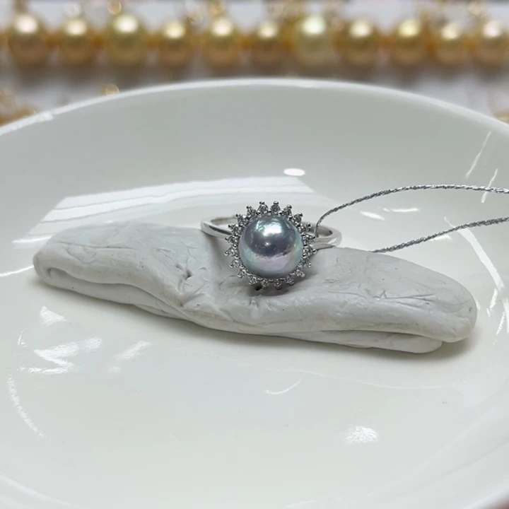 银S925镶嵌真多麻戒指8-9m 75号海水珍珠