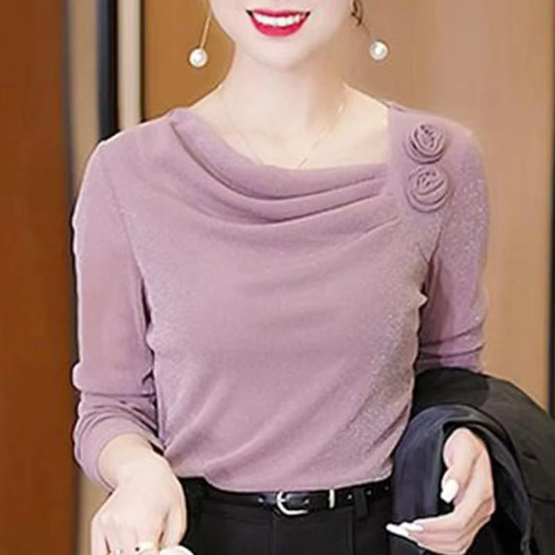 春季新款时尚网纱纯色气质堆堆领显瘦修身洋气女人味长袖上衣