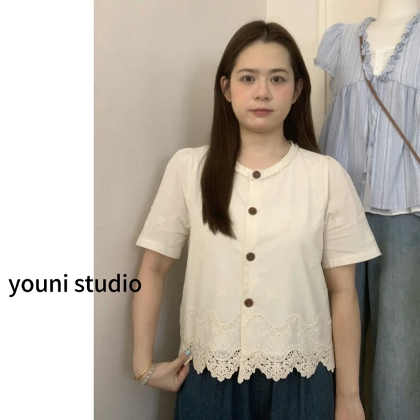 【youni】夏款韩系简约风蕾丝花边小衫