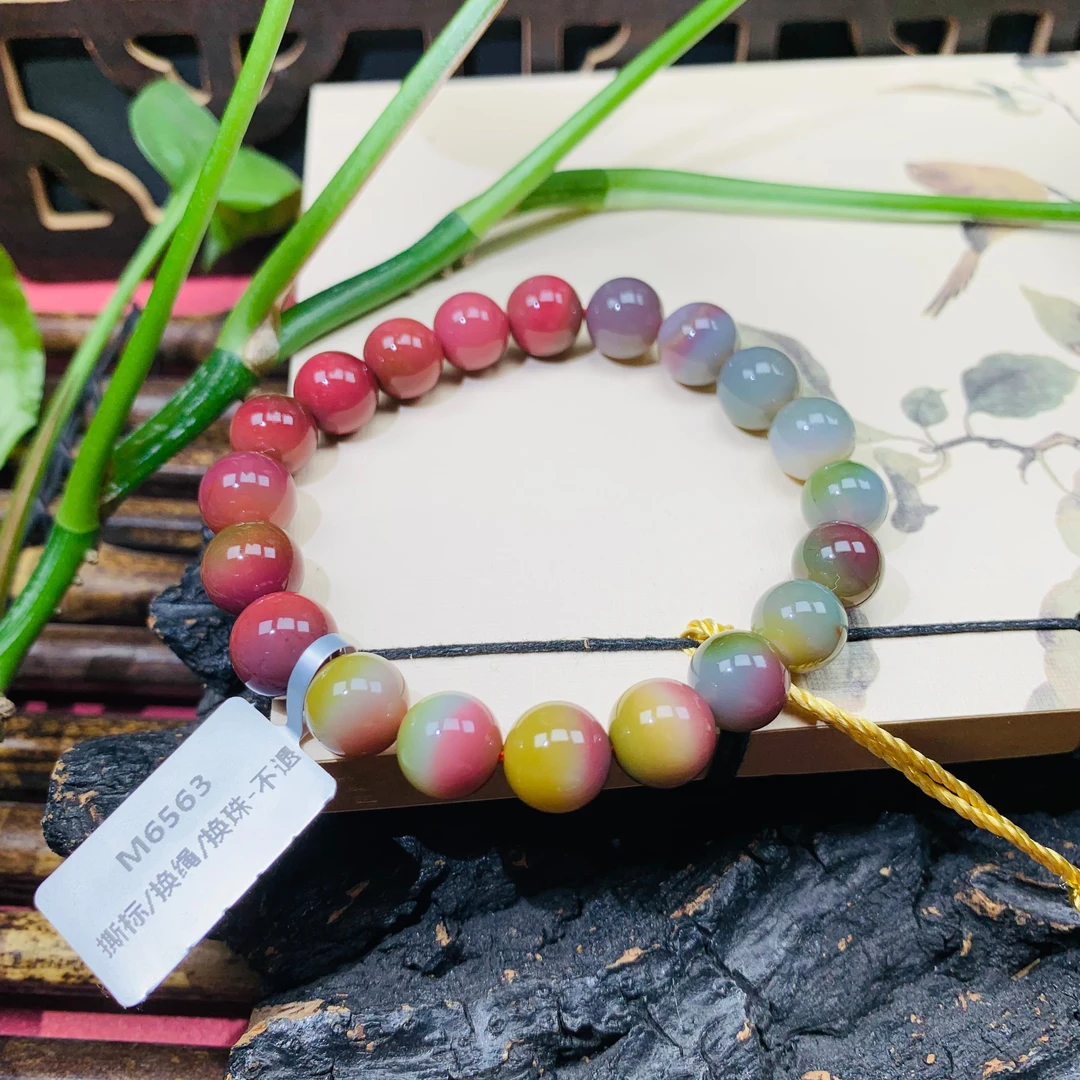 天然老矿七彩盐源玛瑙渐变俏色光珠圆珠手串