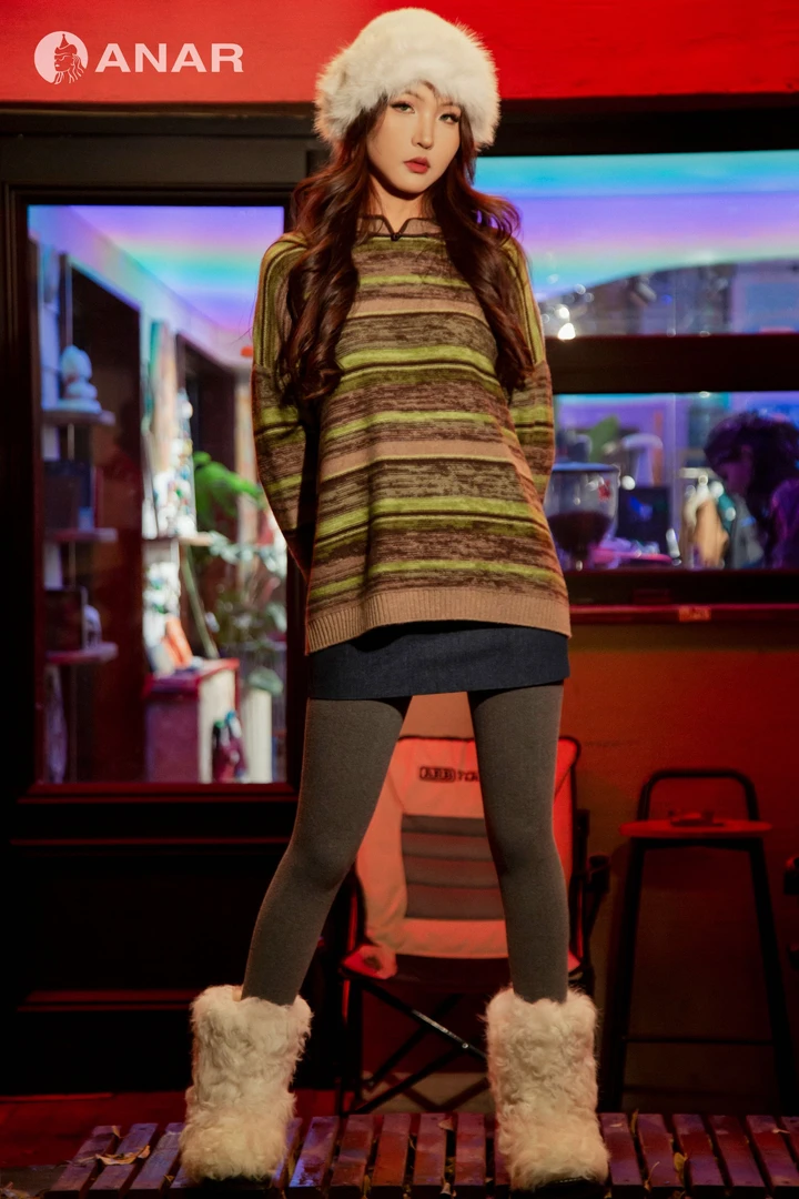 ANAR原创设计秋冬显瘦高腰条纹圆领针织衫毛衣打底