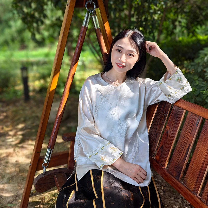 21姆米花开富贵洒金缎圆领斜襟洒金缎提花衬衣12542