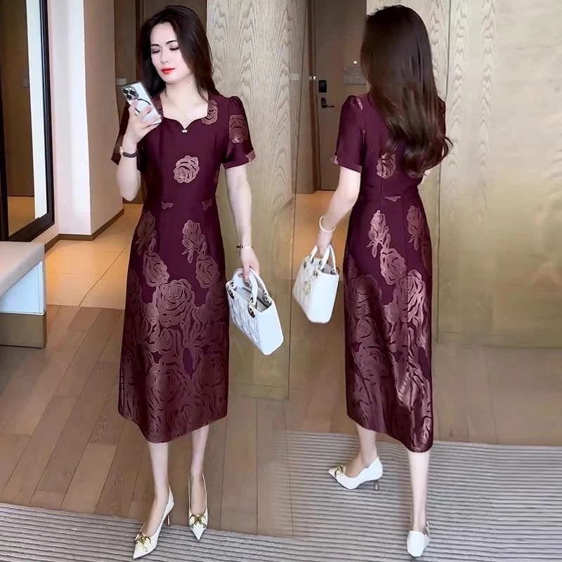 时尚气质缎面连衣裙女夏季新款洋气印花旗袍裙修身显瘦中长款裙子