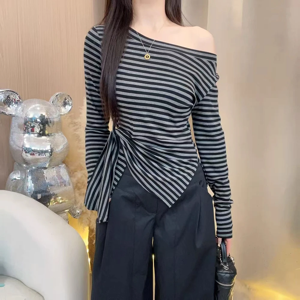 不规则纯色长袖T恤女秋季2025新款修身体恤条纹百搭显瘦露肩上衣
