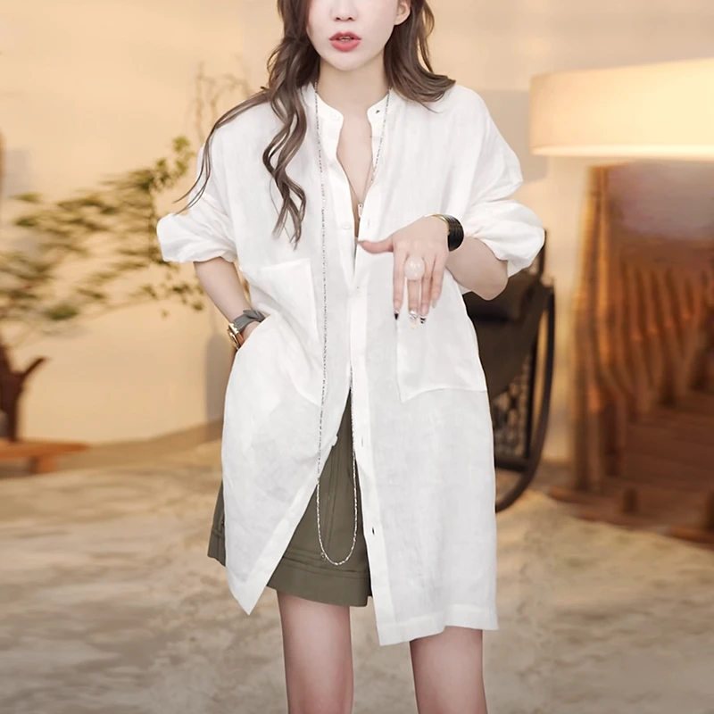 法式白色亚麻衬衫女2025秋季新款洋气减龄大码宽松显瘦慵懒风上衣