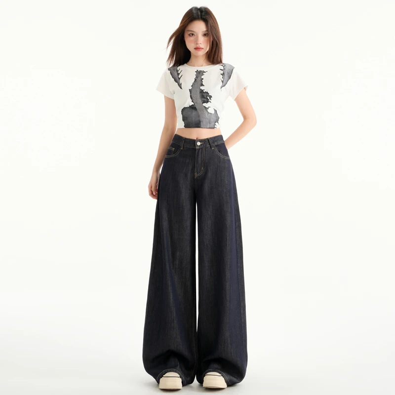 2025新款休闲百搭高腰宽松显瘦直筒裤天丝深蓝色美式阔腿牛仔裤女