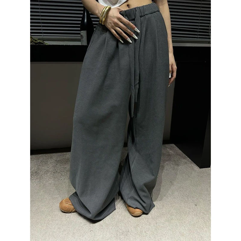 韩版深灰色抽绳阔腿裤女春季新款宽松显瘦休闲裤垂感拖地运动卫裤