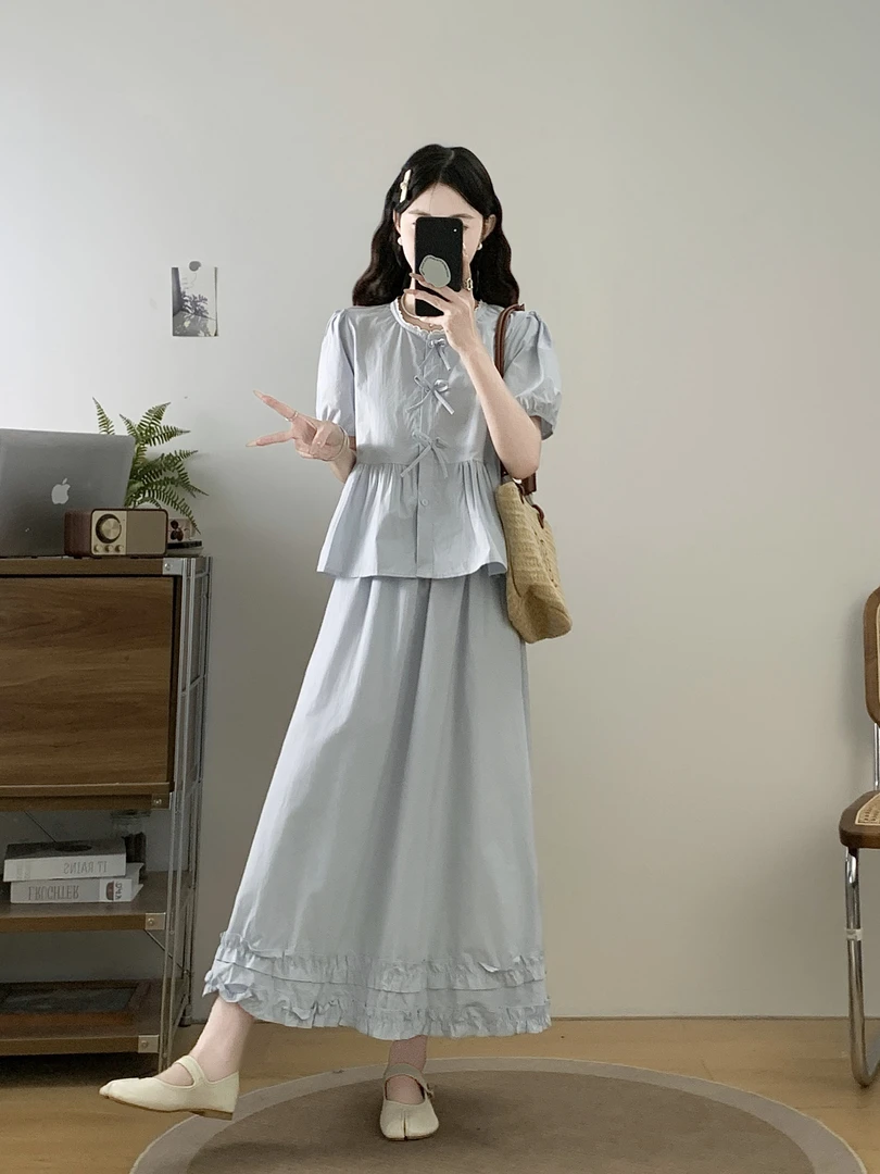 大码韩系甜美蝴蝶结短袖宽松衬衫+半身裙时尚套装显瘦减龄