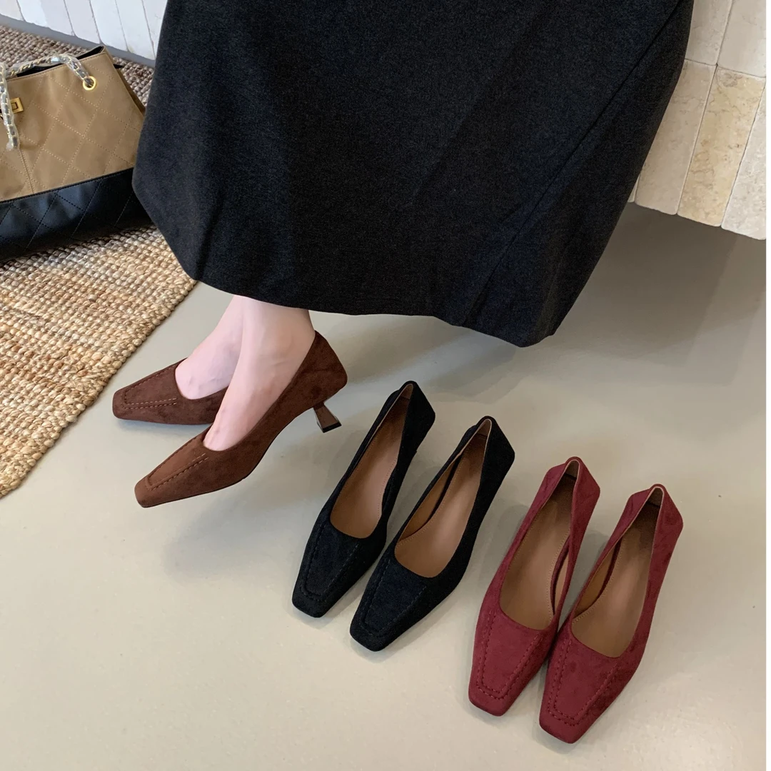法式方头高跟鞋晚晚风酒红色单鞋女2025秋冬季新款气质通勤2468-3