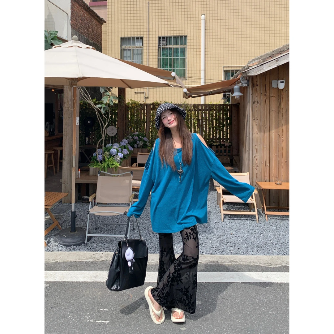 韩版慵懒风宽松露肩中长款上衣套装女小众弹力蕾丝微喇长裤两件套