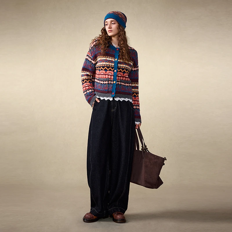 【商场同款】菀草壹2025冬季圆领费尔岛提花针织开衫女G04831551