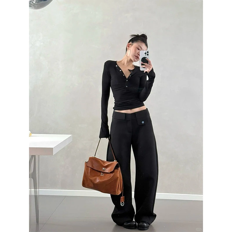 韩系新款休闲百搭时尚设计感长袖针织衫高腰显瘦垂感宽松直筒裤女