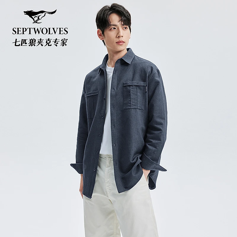 七匹狼前胸贴袋外套式长袖休闲衬衫1D1F60502833