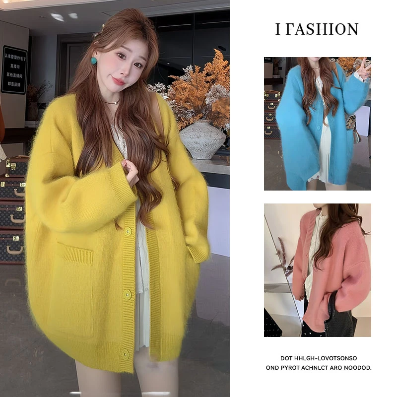 慵懒风宽松时尚毛衣女2026年春秋新款多巴胺温柔风单排扣开衫上衣