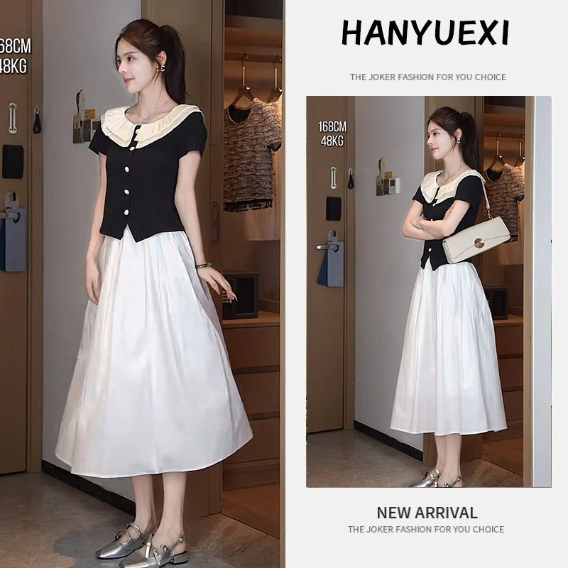 夏季时尚一整套女装2025新款小香风娃娃领短袖a字半身裙两件套装