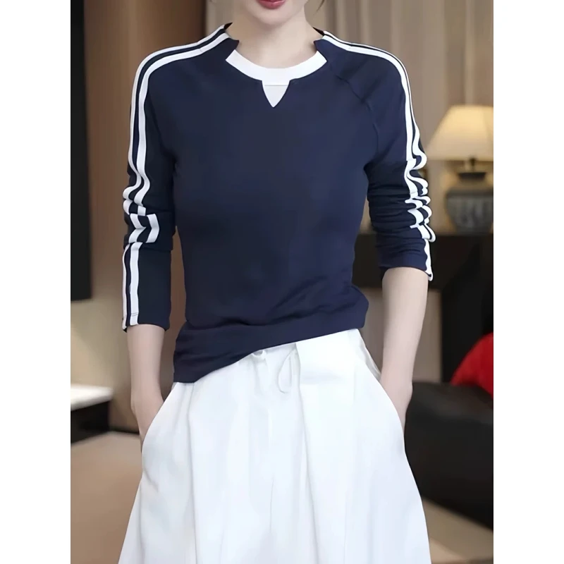 藏青色纯棉长袖t恤女2025秋季新款大码修身显瘦打底百搭胖MM上衣