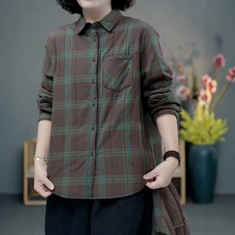 中年妈妈冬装新款新款翻领夹棉衬衫X休闲百搭妈妈装格纹长袖衬衣