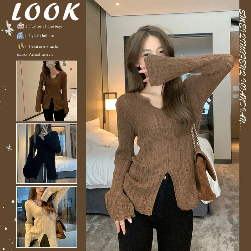 2024秋装新款设计感v领长袖女显瘦气质下摆开衩百搭休闲针织上衣