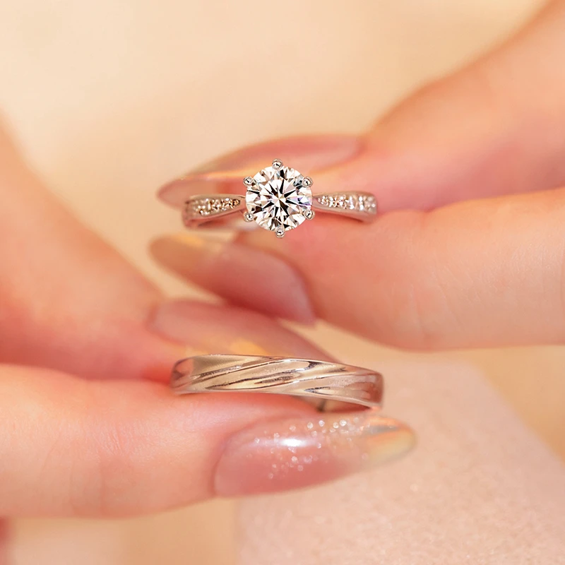 心草 925银莫桑石戒指 情侣对戒男女款闪耀轻奢告白订婚求婚礼物