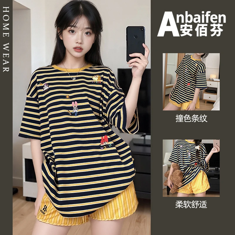 撞色条纹睡衣女夏季休闲卡通图案可外穿短袖短裤ins风少女家居服