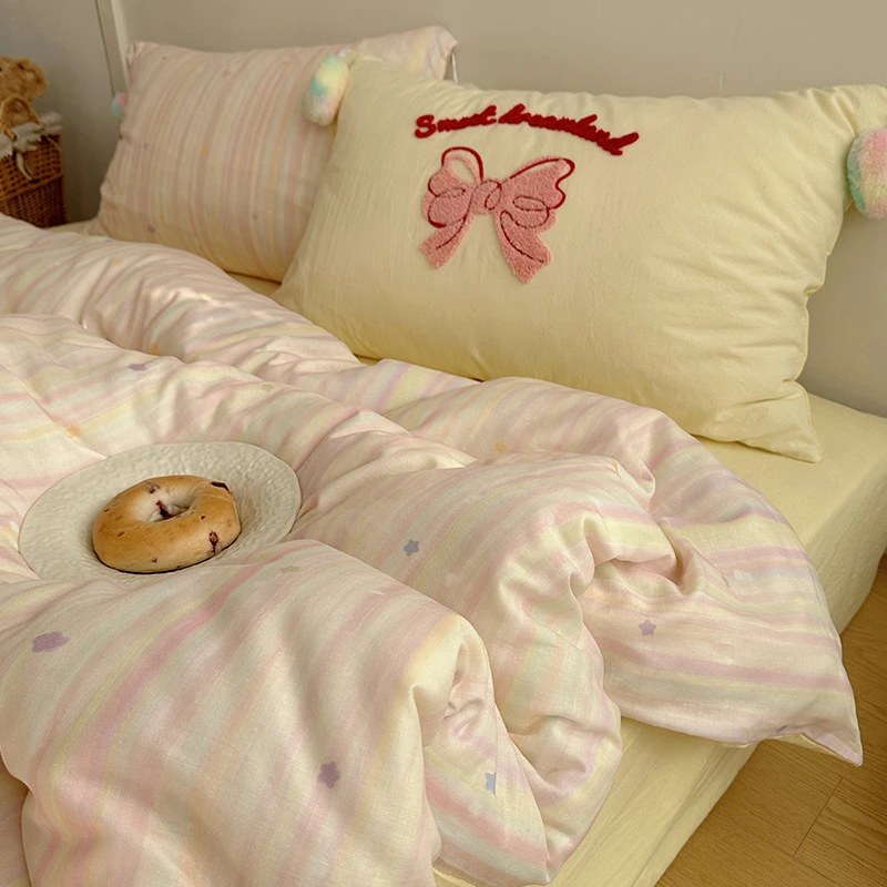 A类ins星星彩条双层纱床上四件套纯棉100%全棉水洗棉床单床品套件