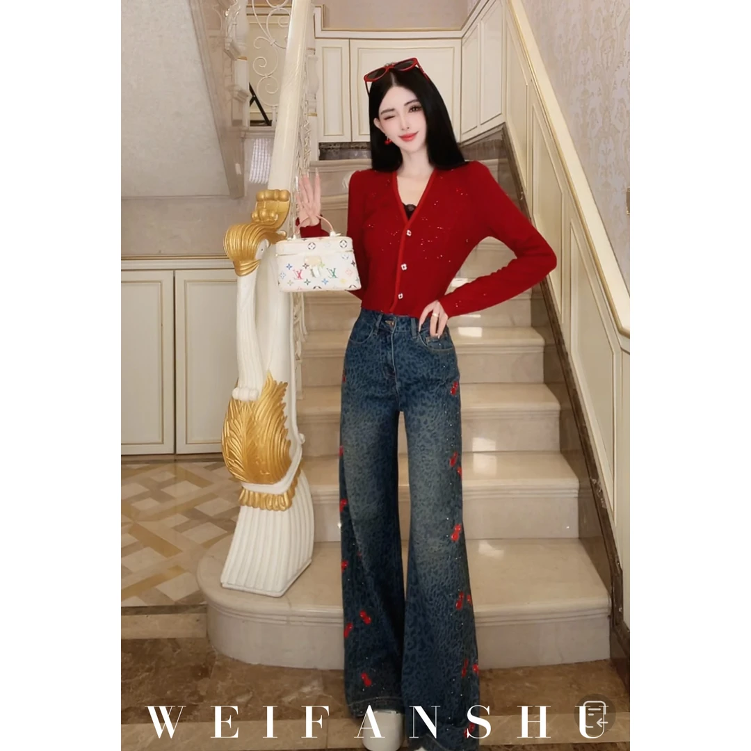 WEIFANSHU/魏凡舒【樱桃豹纹】早秋新款设计感豹纹直筒百搭牛仔裤