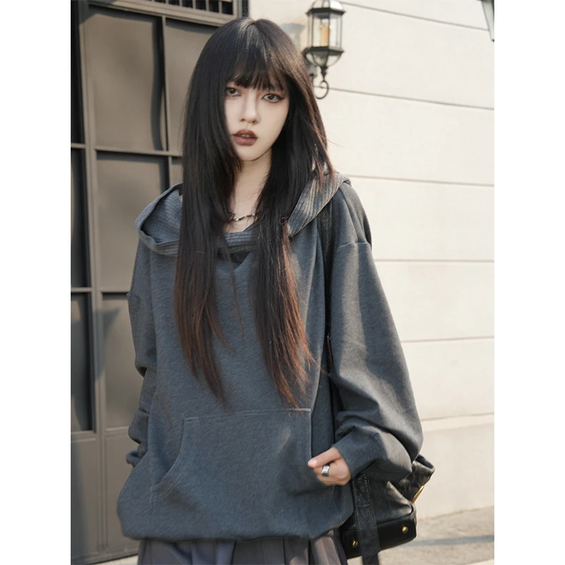 呆毛【轻氧周末】秋冬休闲慵懒风宽松翻领连帽一字领卫衣DMJ4643