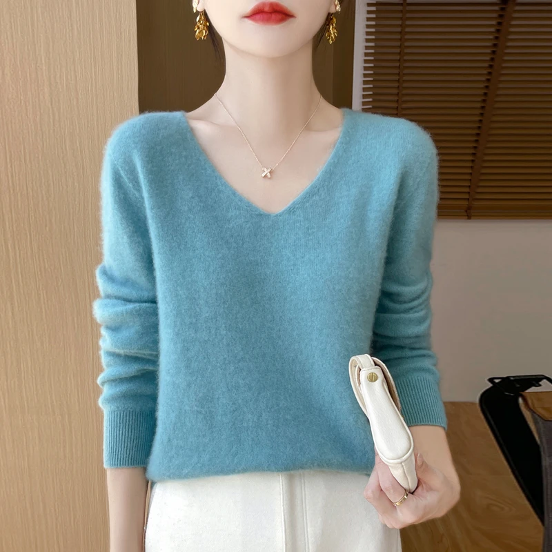 羊毛衫女100%纯羊毛宽松时尚内搭打底衫毛衣女秋冬2024款v领毛衣