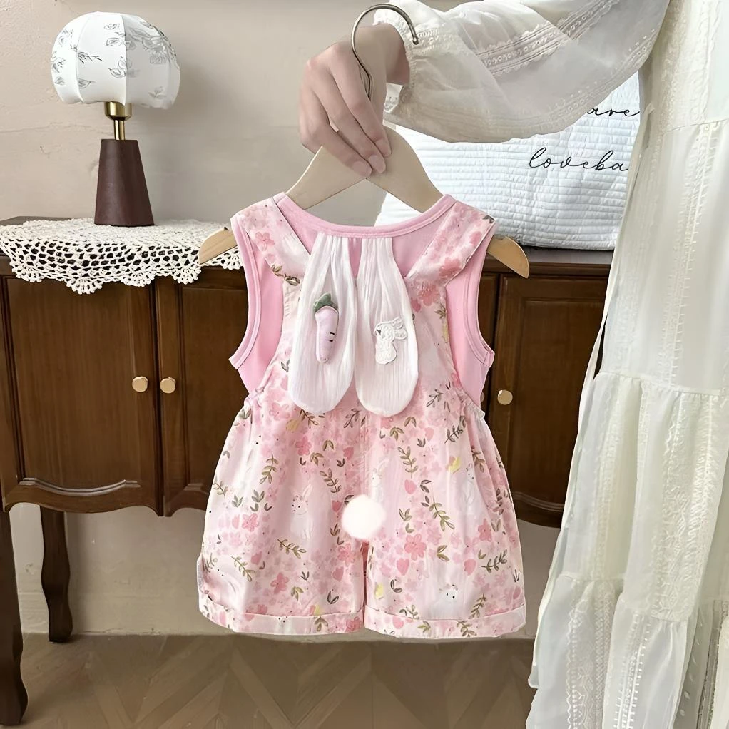 女童夏季碎花小兔背带裤套装新款女宝儿童背带裤WL-X-B54