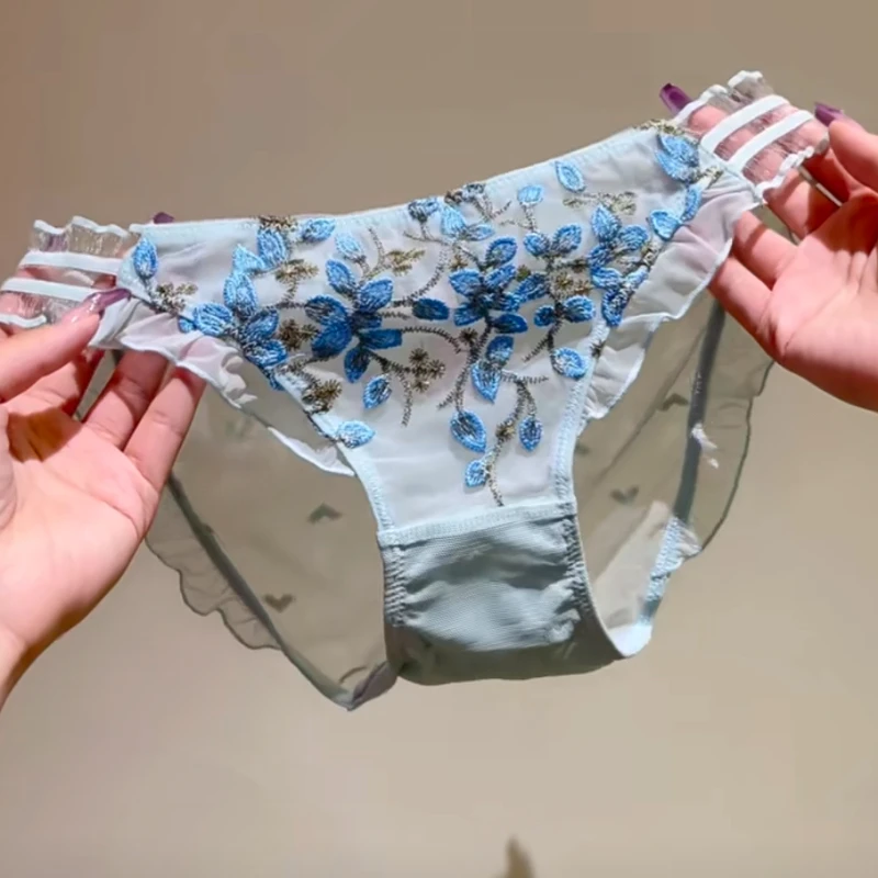 日系甜美可爱木耳边立体绣花透明网纱舒适蕾丝女士内裤