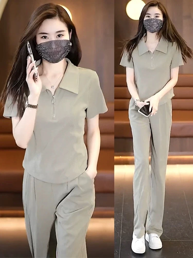 时尚套装女2025夏季新款洋气减龄休闲时髦阔腿裤两件套096