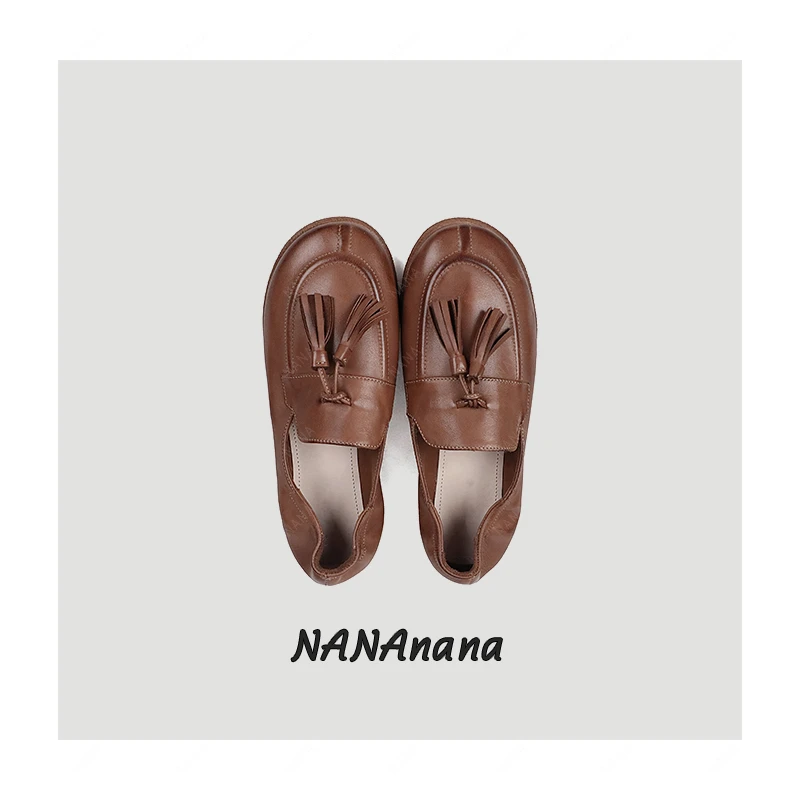 水洗牛皮流苏配饰圆头平底一脚蹬套穿女士乐福鞋