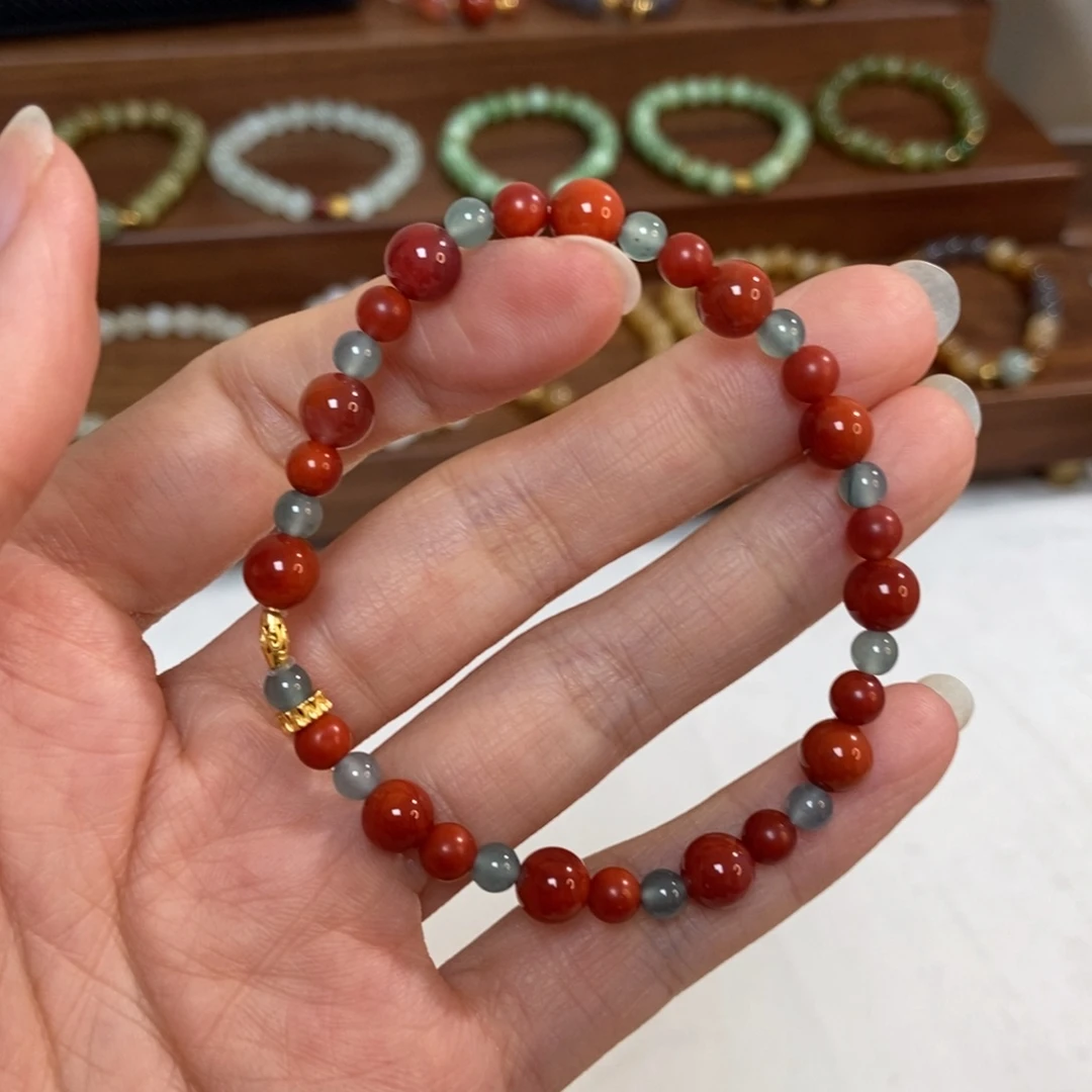 南红玛瑙银S925镶嵌手链福利5mm南红双拼微瑕