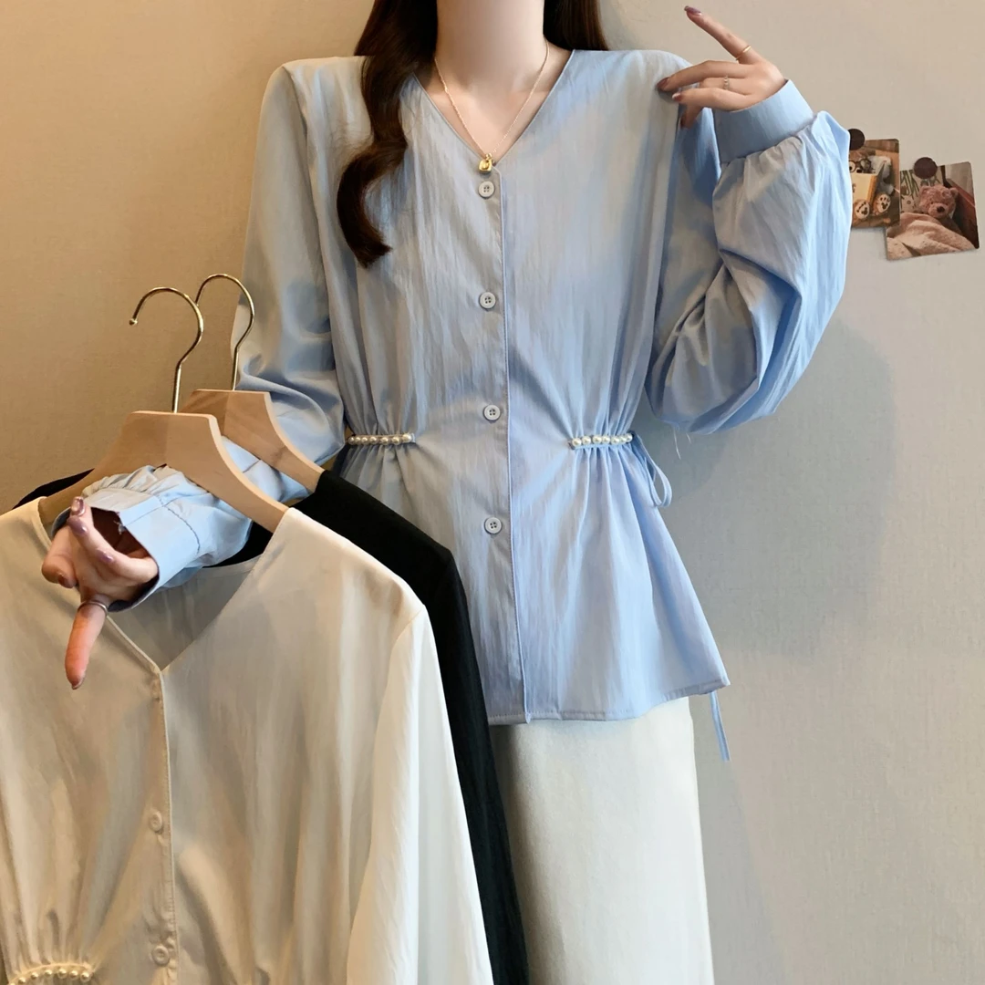 大码长袖蓝色衬衫女2025秋季新款显瘦百搭气质收腰设计感上衣胖mm