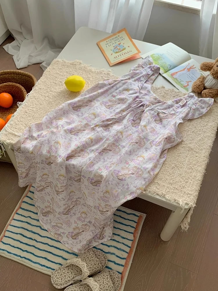 【DMXJ大梦想家】可爱少女木耳边睡裙女夏季卡通印花无袖吊带家居裙