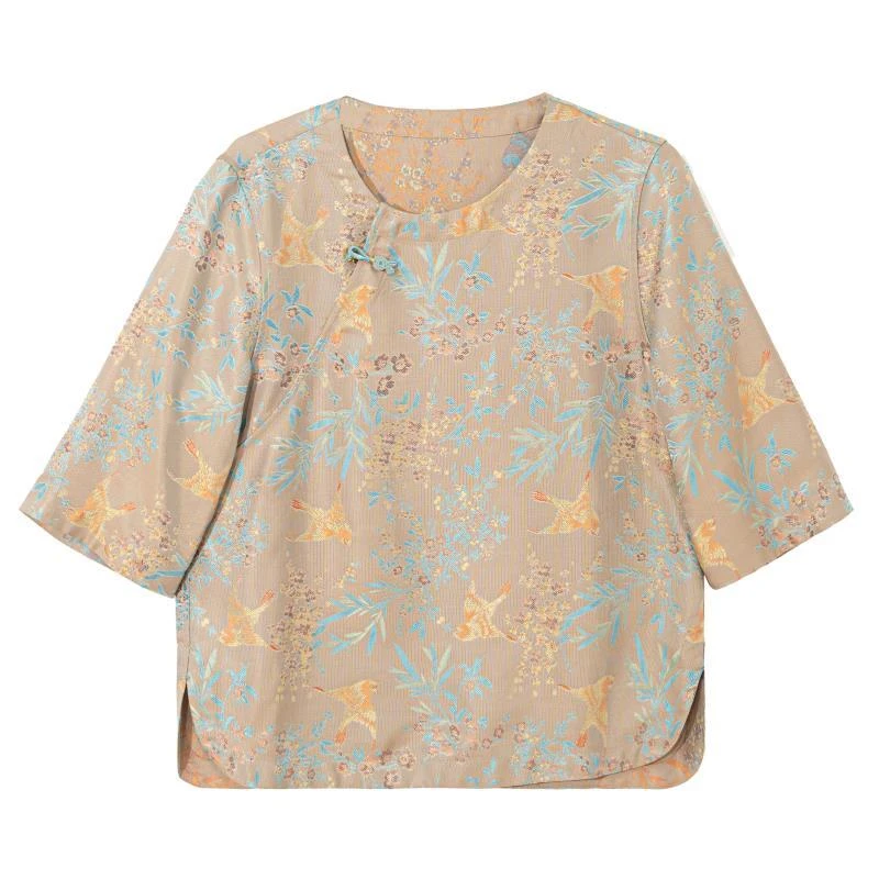 【晚宜】新中式桑蚕丝圆领斜襟小衫盘扣国风提花上衣A512220