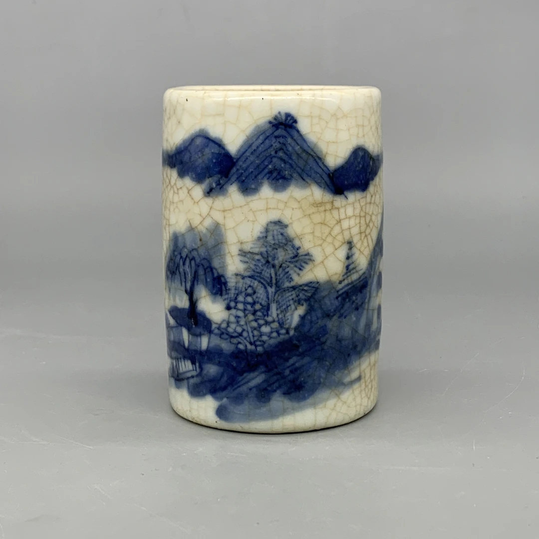 62508212*晚清青花山水纹笔筒/瓷器六/江苏省文物总店/