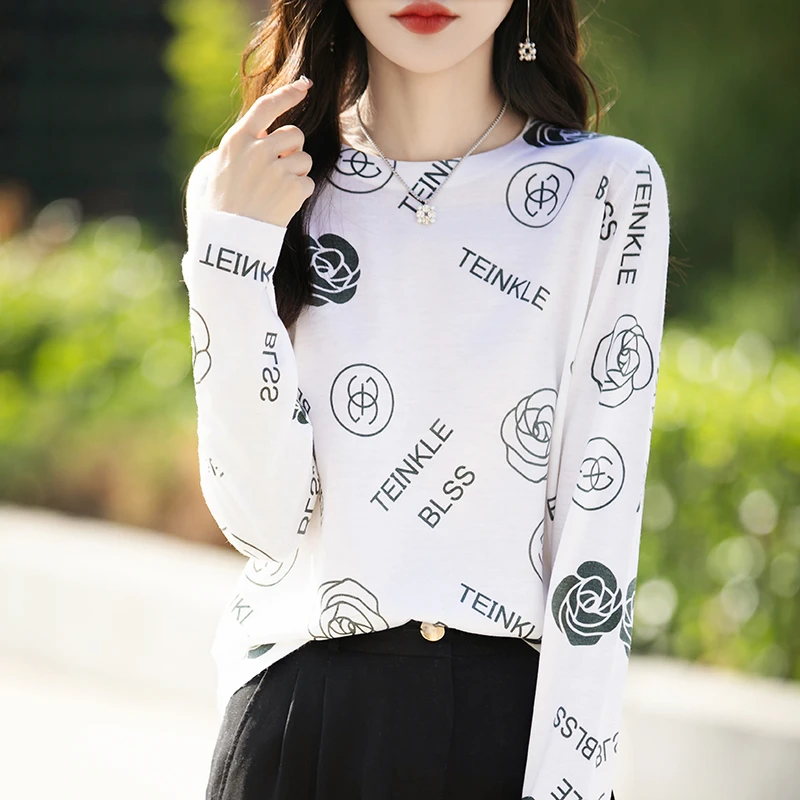 哥弟阿玛施官方新款圆领印花针织衫秋季时尚洋气减龄长袖上衣女