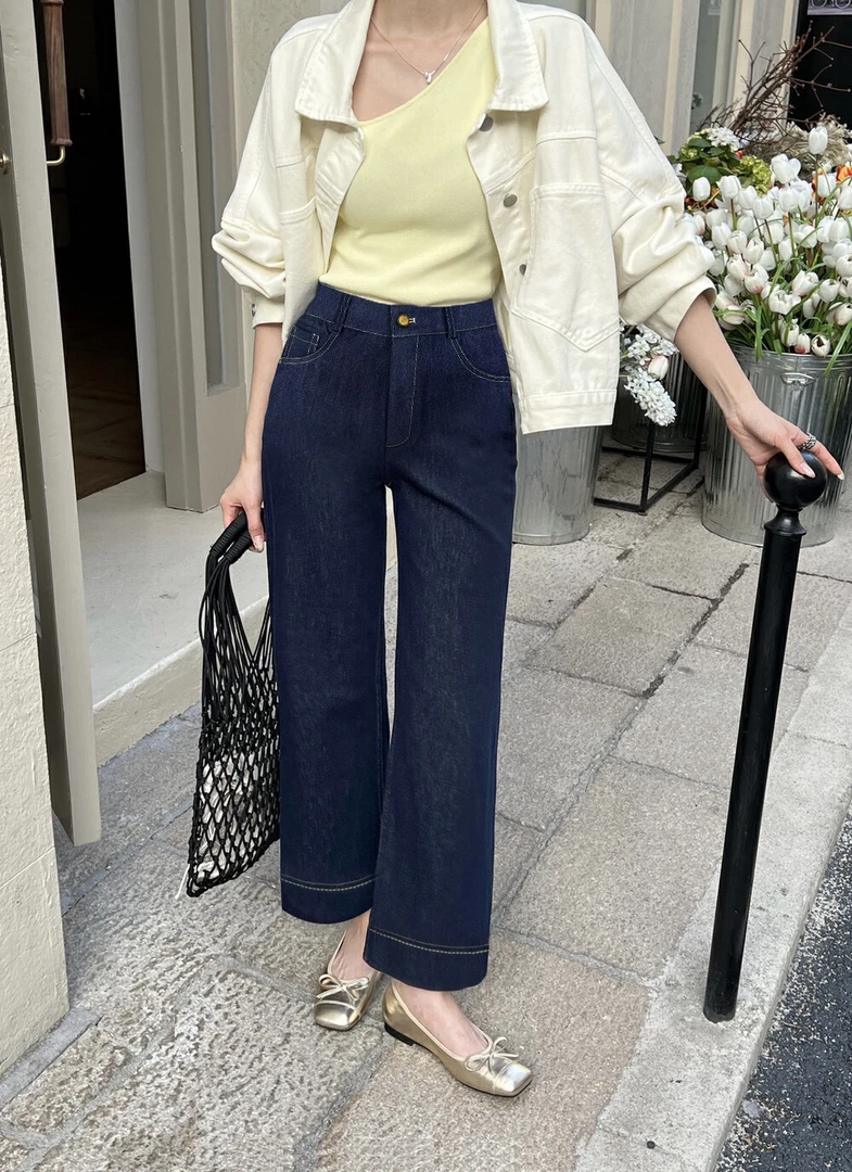 E3X专柜正品蚕 丝百搭显瘦窄版阔腿裤直筒牛仔裤cc5583