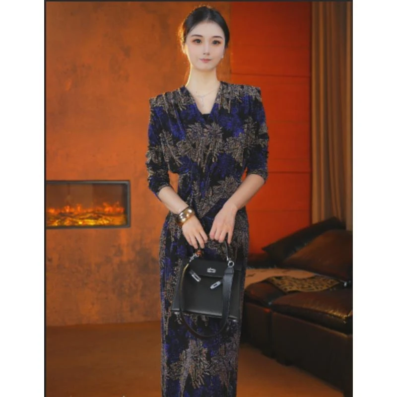 海涛蓝图案彩色显瘦气质轻奢秋季减龄长袖连衣裙A006-悦1