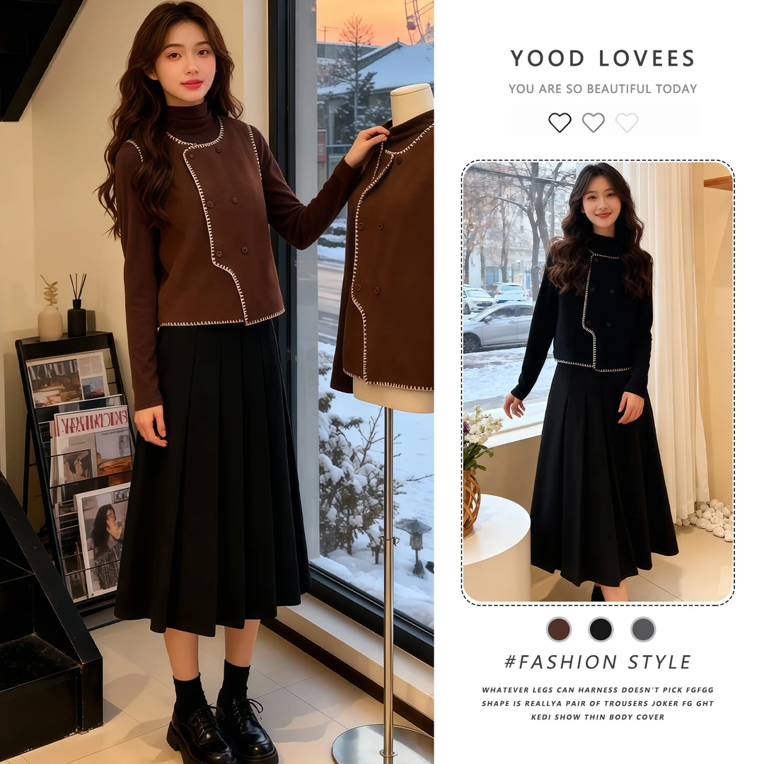 双排扣针织上衣叠穿半高领打底上衣女2025冬新款百褶半身裙三件套