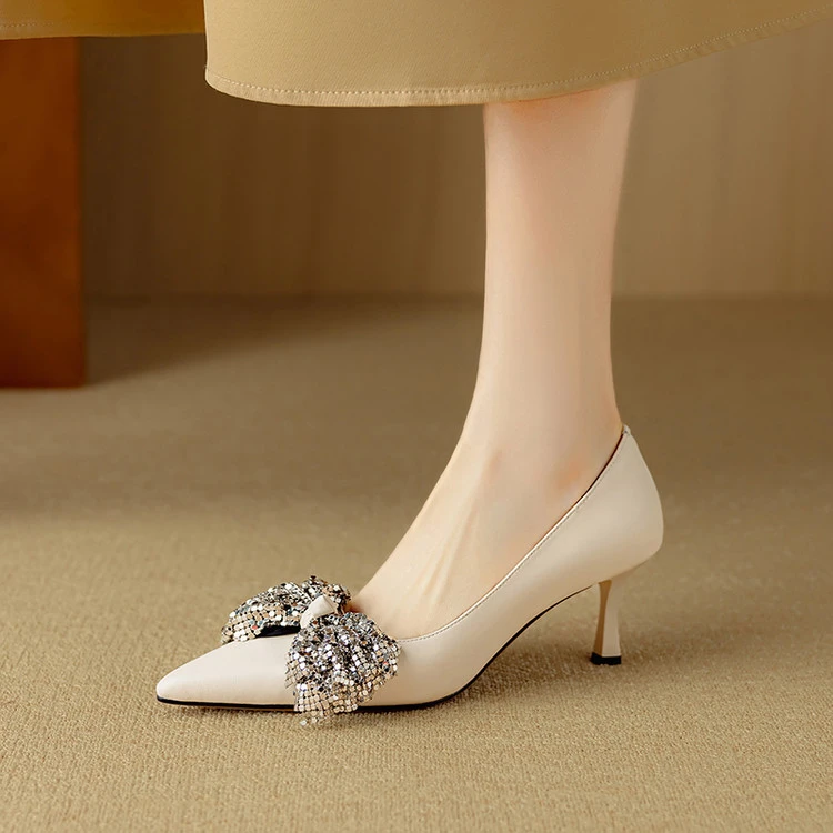 6.5cm羊皮时装鞋高跟鞋细跟春秋2025尖头浅口气质单鞋女款蝴蝶结