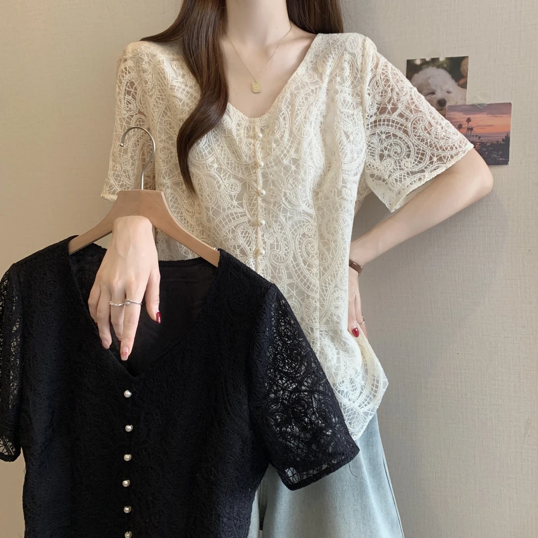 【小曹大码】V领正肩蕾丝衫显瘦收腰法式衬衫上衣-ZMDM5153