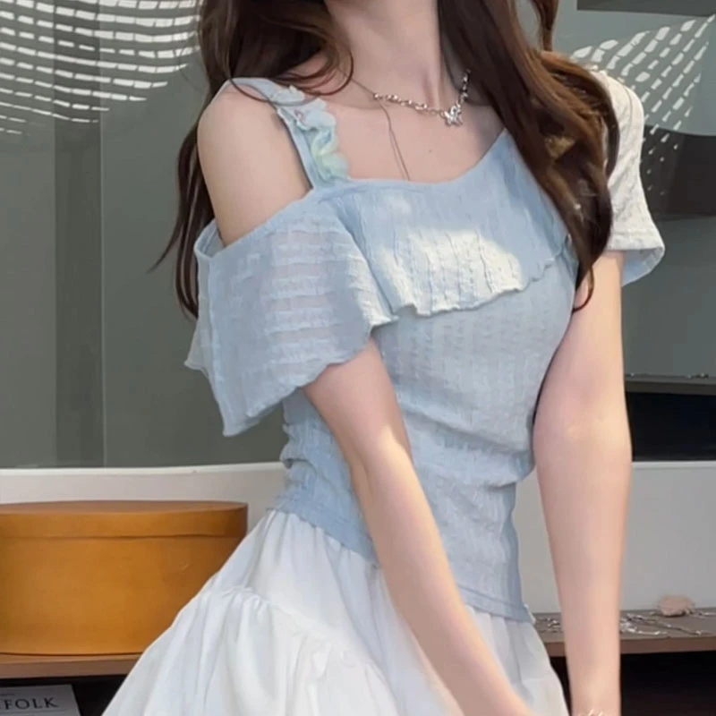 【8796桃】大码女装胖mm甜美风花朵吊带斜肩上衣夏季百搭短袖T恤