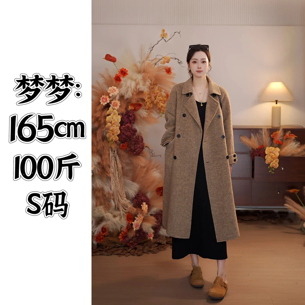 宽松大版娃娃领双排扣挽袖时尚保暖秋冬加厚长款羊毛大衣5518