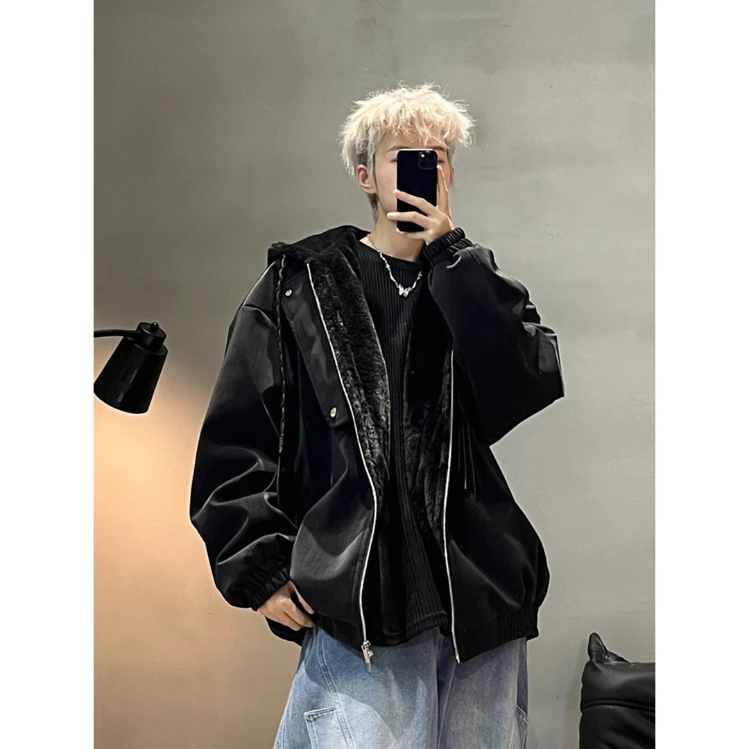 美式复古座山雕皮衣连帽棉服男款冬季加厚保暖夹克高级感宽松外套