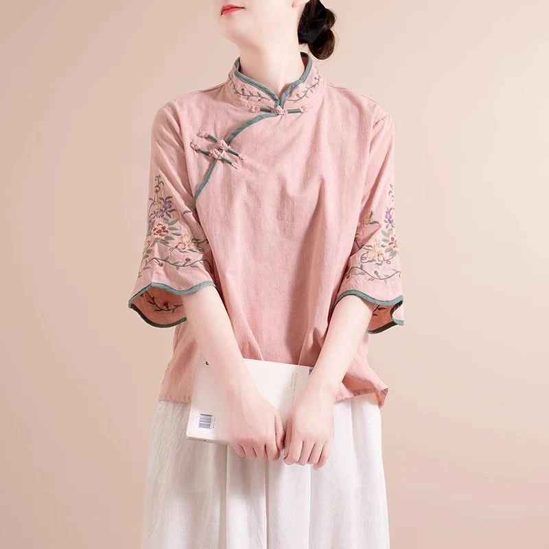 夏季新款刺绣盘扣斜襟宽松茶服2025上衣衬衫中式中国文艺复古绣花
