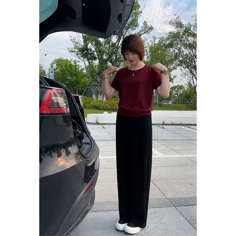 夏装轻熟风百搭设计感一整套短袖针织衫休闲阔腿裤盐系搭配两件套