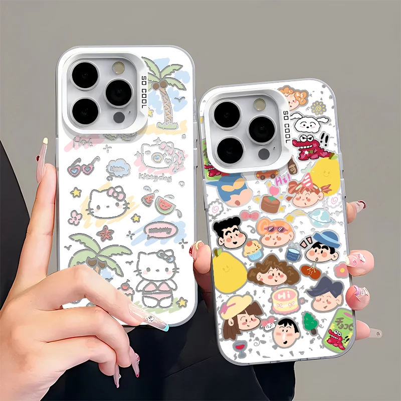 涂鸦小新KT彩银适用苹果15/16手机壳vivo华为p70oppo小米14套情侣