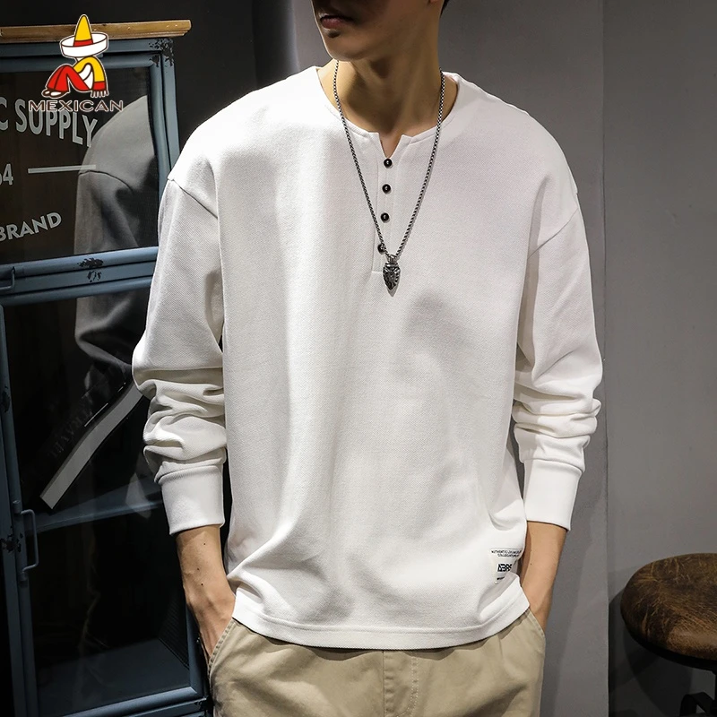 Mexican/稻草人秋季重磅亨利领长袖t恤男宽松美式潮牌打底衫卫衣